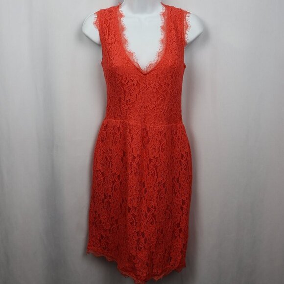 Babaton Tobias Red Orange V-Neck Short Sleeve Lace Mini Dress Lined - Size 6 - Picture 2 of 14